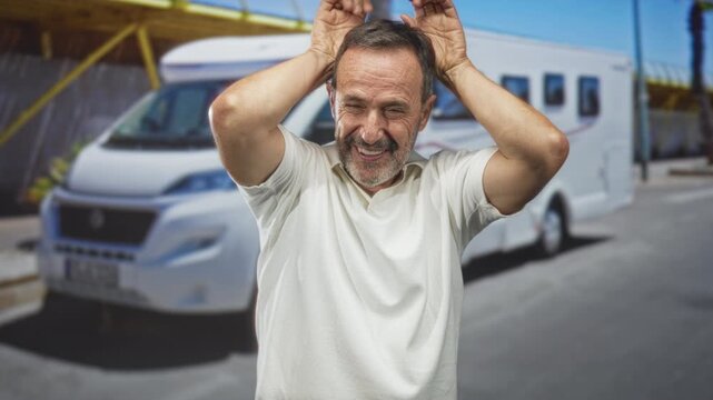 Middleaged man with hands on head making antler gesture in front of white motorhome on sunny street; playful travel fun.
