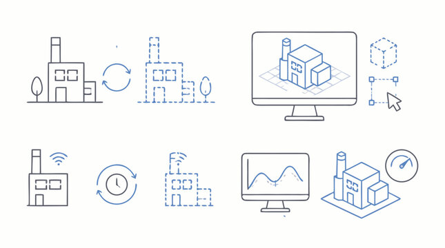 Digital twin technology minimalist line icon collection with virtual factory model, real time synchronization, simulation dashboard, editable stroke vector for smart industry systems