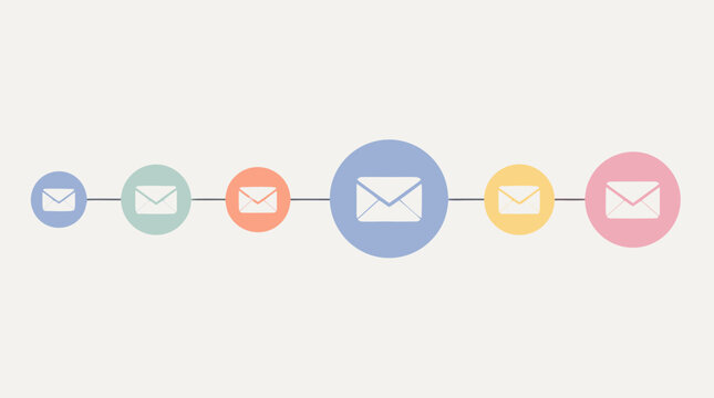 Horizontal email automation sequence infographic with connected envelope nodes on a timeline, pastel vector workflow diagram for marketing funnels, campaign scheduling and customer messaging journeys