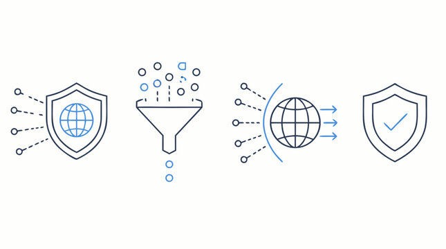 Minimalist line icon set for DDoS protection, traffic filtering, cyber mitigation, network shield, secure gateway and web defense, editable stroke vector symbols for cybersecurity platforms