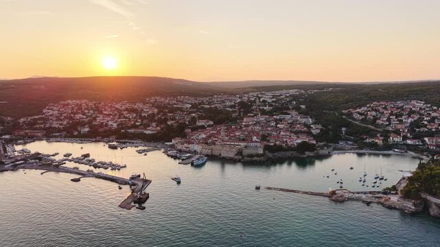 Krk in Croatia. Panoramic Aerial View of the Historic Old Town and Harbor at Sunset