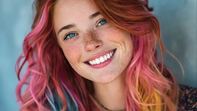 Smiling woman with colorful pink and blue hair and freckles.