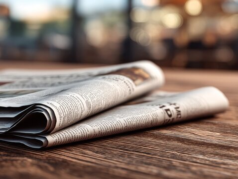 Stack of Folded Newspapers on Wooden Table with Blurred Interior Background