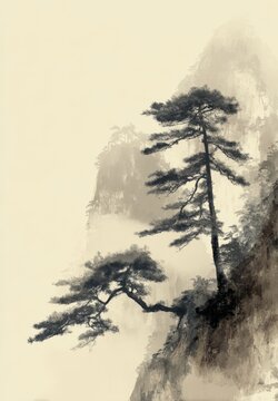 Misty Mountain Pine Landscape in Traditional Ink Wash Style