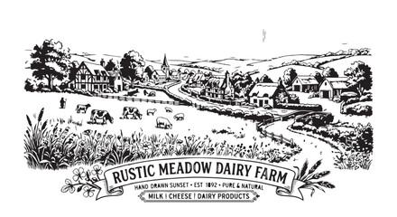 Obraz premium Rustic meadow dairy farm hand-drawn landscape scene with rural life landscape countryside agriculture