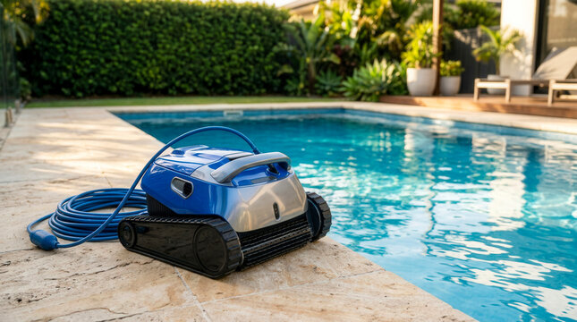 Robotic pool cleaner on stone edge of outdoor swimming pool for summer maintenance, smart home technology and automation