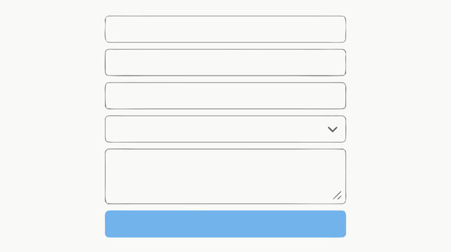 Minimal blank contact form interface vector with outlined input fields, dropdown selector, message area and blue send button on clean light background for UI, app mockup, support page and UX design