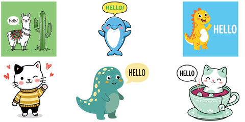 Fototapeta premium Hello Greeting And Cute Animal Designs Set With Llama Dolphin Dinosaurs And Kittens