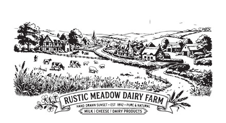 Fototapeta premium Vintage hand drawn rustic meadow dairy farm logo with rural landscape illustration landscape countryside