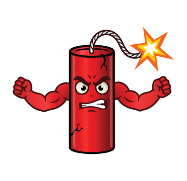 Angry dynamite cartoon character with muscular arms flexing fists vector illustration