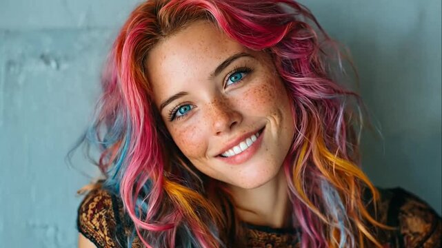 Smiling woman with vibrant colorful hair.