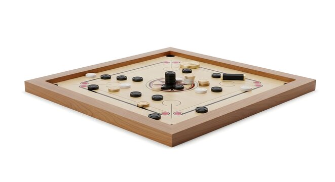 Classic wooden carrom board game with black and white pieces and central striker on smooth surface for recreational entertainment and family fun