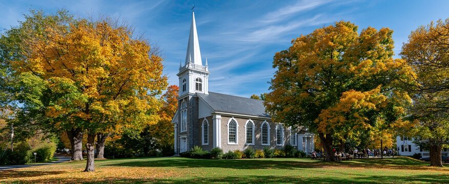Nestled among colorful fall trees, a historic Protestant church invites visitors with its peaceful ambiance and bright sky.