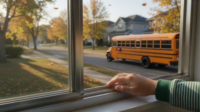 Student hand on open window as school bus drives away, missing transportation and education lateness