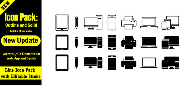 Technology icons outline and solid set. Editable Stroke Vector Icons for UI, Web and App Design