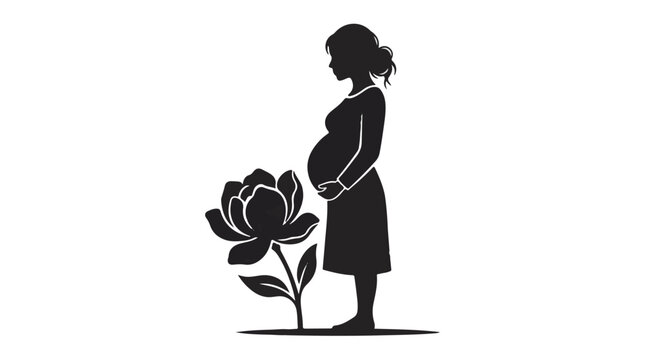 Pregnant woman silhouette standing beside flower, expecting mother in black and white, pregnancy concept, maternity illustration