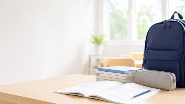 教室の机に置かれた学生用リュックと教科書と筆箱