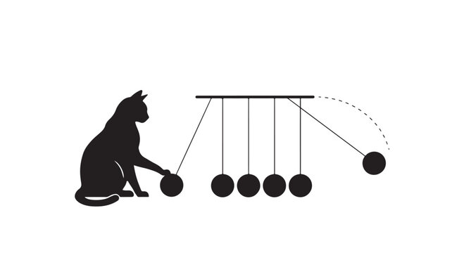 Black and White Vector Illustration of a Cat Silhouette Playing a Hanging Pendulum Toy, Simple Line Art Icon