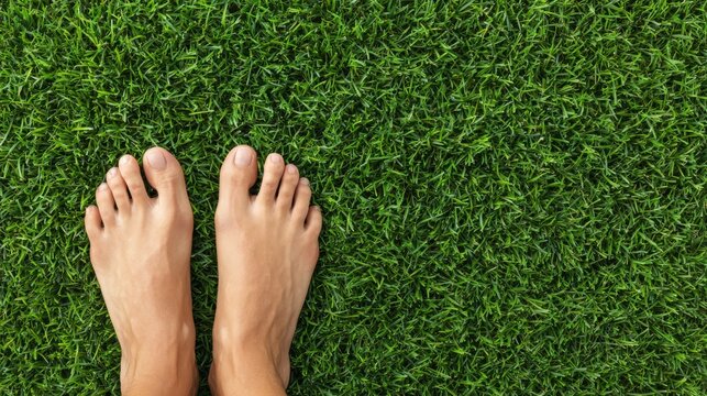 Bare Feet Standing on Fresh Green Grass in Natural Outdoor Lawn Surface