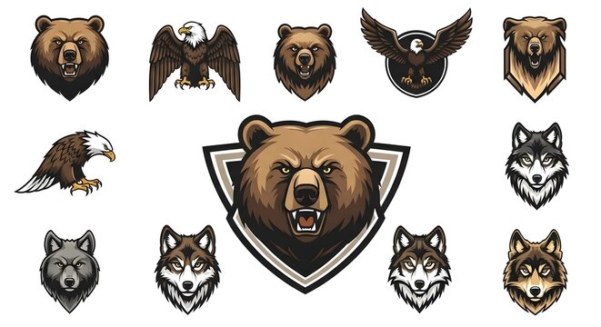 Collection of realistic bear and wolf emblems and icons in brown and gray colors with detailed facial expressions and fierce looks for wildlife or adventure themes