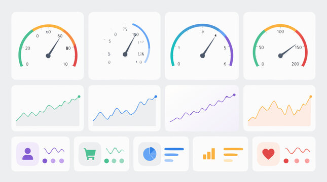 Modern dashboard widget icon set with speedometer gauges, mini line charts, stat tiles and app cards, ideal for analytics, monitoring, KPI reporting, admin panels and clean UI design vector assets