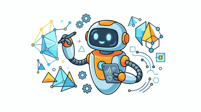 Cute cartoon robot interacting with geometric shapes and data