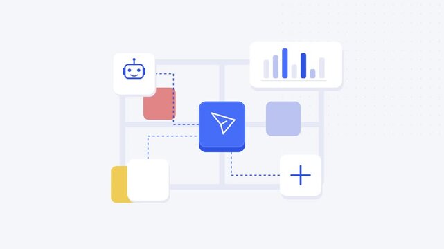 Digital workflow automation interface with connected software modules and data analytics charts