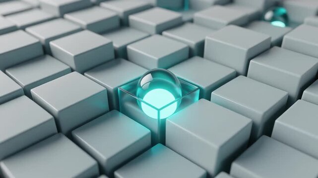 Ultra realistic suspended glass droplets with glowing energy cores form a synchronized three dimensional matrix, creating a premium futuristic computing technology background with elegant copy space.