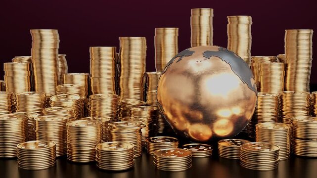 Coin stacks surrounding a metallic Earth globe rotating in a seamless CG loop. Financial and International banking presentations, global wealth management,  stock trading news.
