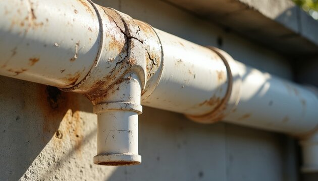 Close-up of a cracked, rusty white plastic pipe exterior. The weathered tube shows signs of age and damage on its surface. Outdoor utility line needs repair.