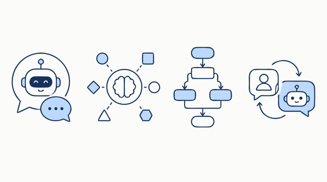 Conversational chatbot line icon set showing friendly robot chat bubbles, intent recognition brain network, dialogue flow chart and automated reply exchange for AI support interfaces
