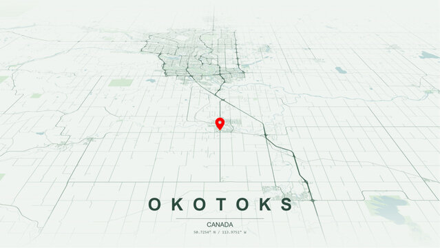 Modern minimalist vector map of Okotoks, Alberta. High-quality scalable illustration of Okotoks geographic boundaries within the Calgary Metropolitan Region, Sheep River valley for posters design.