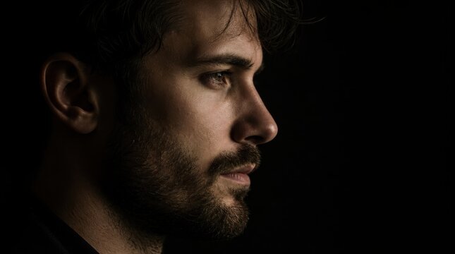 A close-up side profile of a man with a beard and intense expression, set against a dark background.