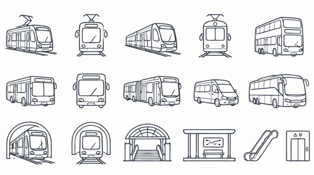 Public transit outline icon set featuring modern trams, city buses, metro trains, station entrances, platforms, escalator and elevator signs for urban mobility and transportation vector design systems