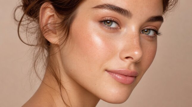 Close-up portrait of a young woman with clear skin, light makeup, and natural beauty on a neutral beige background.