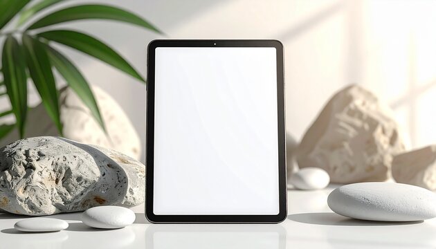 Tablet mockup stands on elegant travertine stone podium with rocks and plant