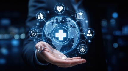A hand holds a glowing digital globe with healthcare and medical icons, symbolizing global health technology and interconnected medical services.