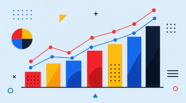 Colorful bar graph with red and blue line charts showing upward trends, accompanied by abstract geometric shapes on a light blue background.