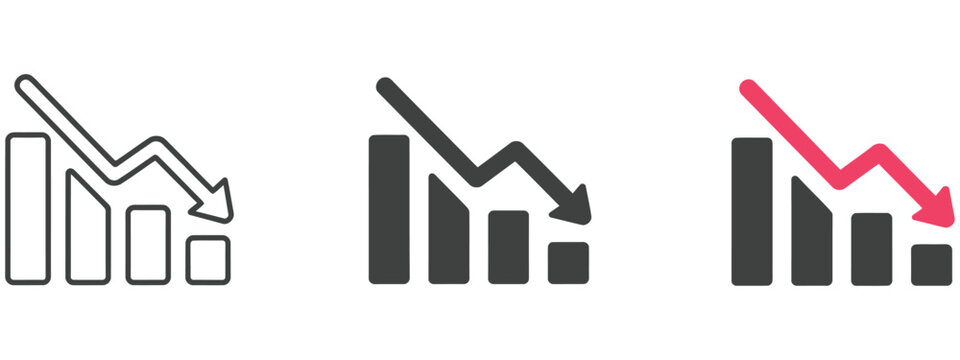 Falling bar chart icon featuring downward trend, business analytics, financial decline, data statistics, performance analysis, vector, design