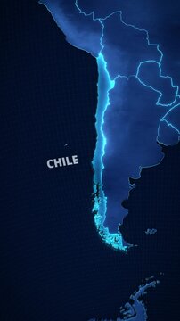 Glowing digital map highlighting Chile, South America with a neon outline and typography, formatted perfectly for a mobile news update or vertical short-form travel promo.
