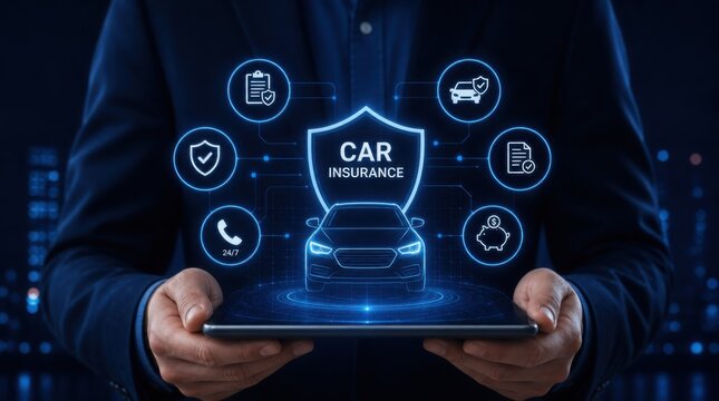 A person holds a digital tablet projecting a holographic car with icons representing various aspects of car insurance.