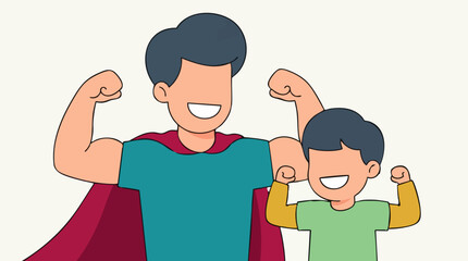 Obraz premium Happy father and son flexing muscles, superhero dad concept illustration