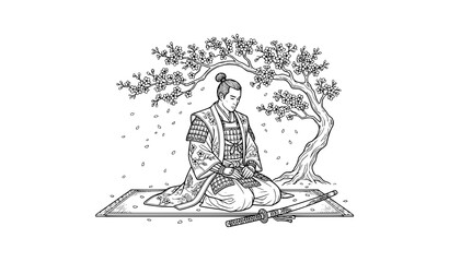 Obraz premium Minimal Japanese Samurai and Cherry Blossom Tree Line Art Vector for Cultural Design