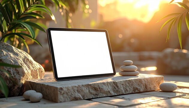 A premium tablet mockup on a natural stone podium with subtle spa elements at sunset