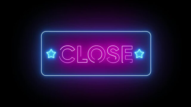 close text open neon sign button inside of blue frame
