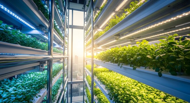 Modern vertical farming facility with automated LED grow lights and hydroponic systems.