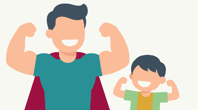 Cartoon illustration of father and son flexing muscles on a white background