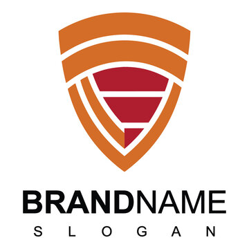 Shield logo template with orange and red design elements and sample text icon