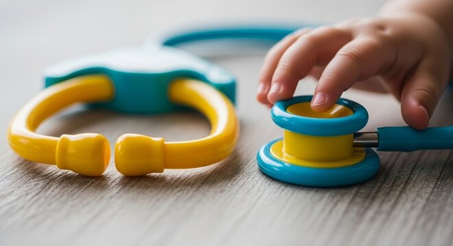 Child playing with colorful toy stethoscope and medical instruments on wooden surface. Fun child activity includes exploring pediatric doctor tools while enhancing creativity and imagination.