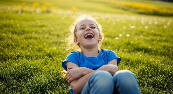 Child rolling down hill laughing with joy in green grass, sunlight illuminating happy face and carefree expression. Scene captures innocence of childhood and carefree playfulness.